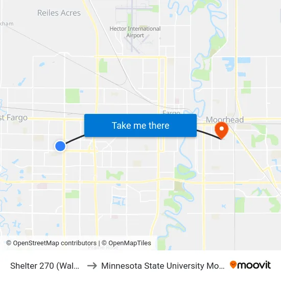 Shelter 270 (Walmart) to Minnesota State University Moorhead map