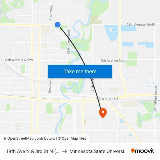 19th Ave N & 3rd St N (Corner Sw) to Minnesota State University Moorhead map