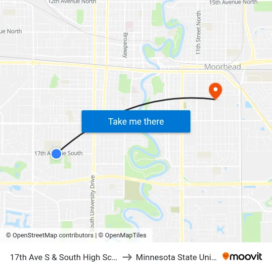 17th Ave S & South High School (Midblock North) to Minnesota State University Moorhead map