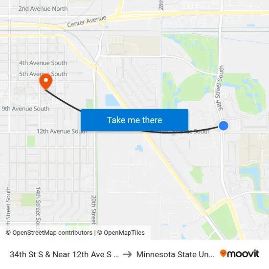 34th St S & Near 12th Ave S (Casey's General Store) to Minnesota State University Moorhead map