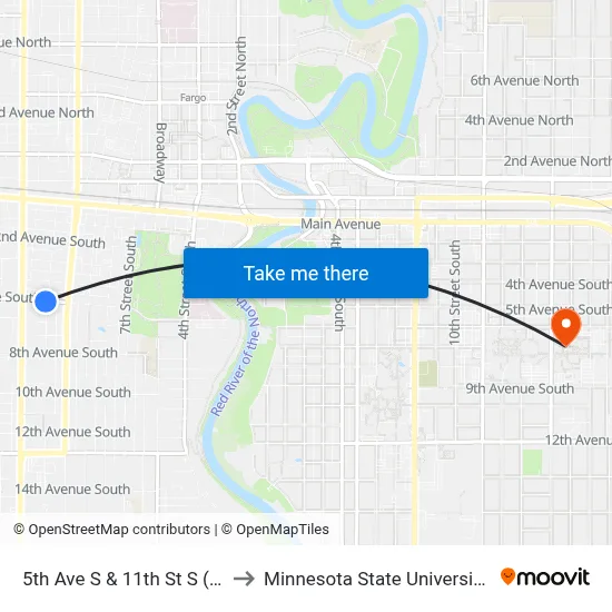 5th Ave S & 11th St S (Corner Sw) to Minnesota State University Moorhead map