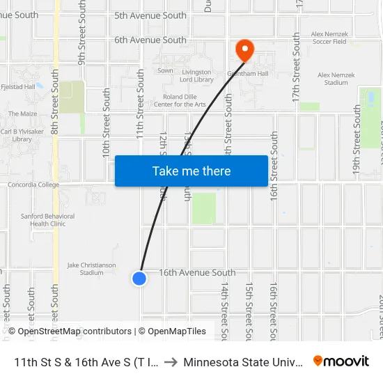 11th St S & 16th Ave S (T Intersection West) to Minnesota State University Moorhead map