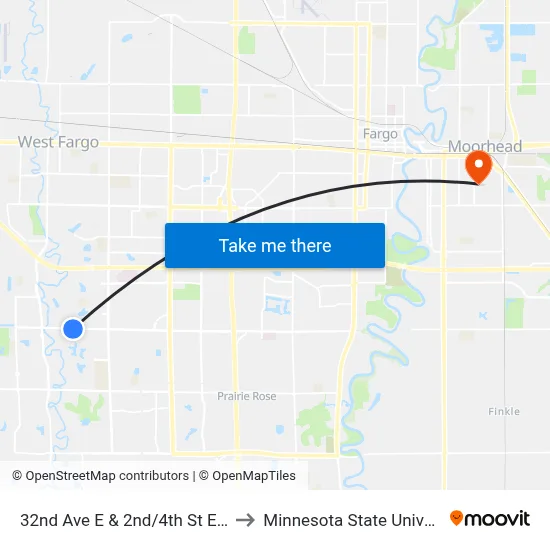 32nd Ave E & 2nd/4th St E (Midblock South) to Minnesota State University Moorhead map