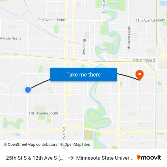 25th St S & 12th Ave S (Midblock East) to Minnesota State University Moorhead map