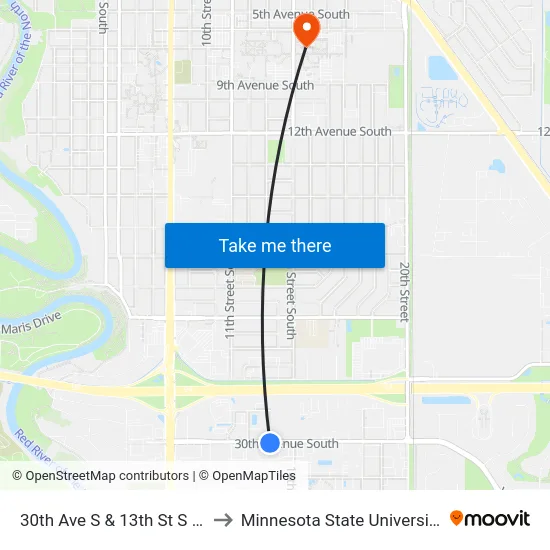 30th Ave S & 13th St S (Corner Sw) to Minnesota State University Moorhead map