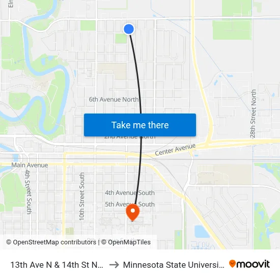 13th Ave N & 14th St N (Corner Ne) to Minnesota State University Moorhead map