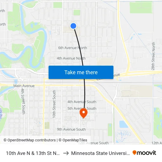10th Ave N & 13th St N (Corner Ne) to Minnesota State University Moorhead map