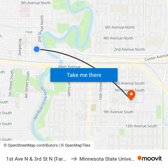 1st Ave N & 3rd St N (Fargo Public Library) to Minnesota State University Moorhead map