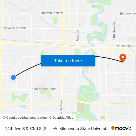 14th Ave S & 33rd St S (Corner Ne) to Minnesota State University Moorhead map