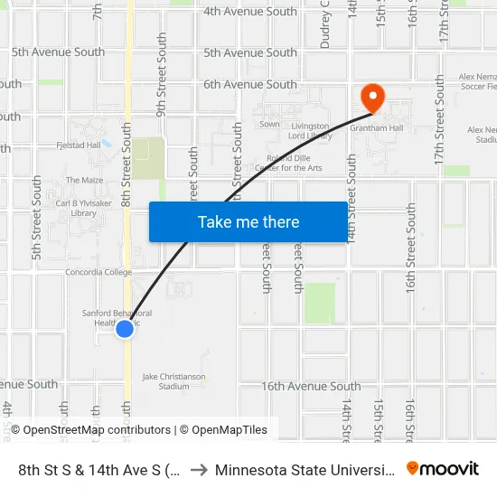 8th St S & 14th Ave S (Corner Nw) to Minnesota State University Moorhead map