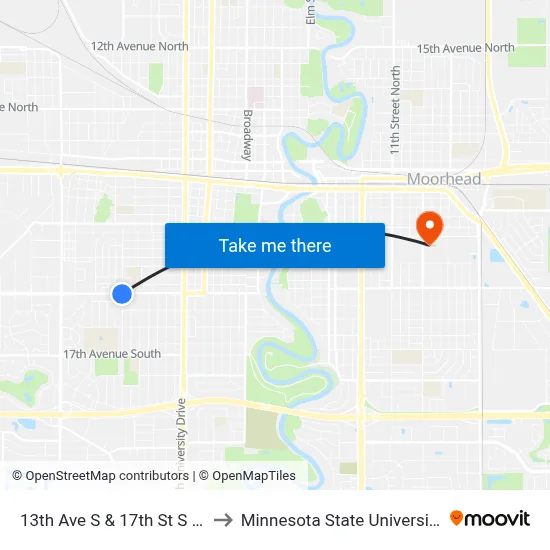 13th Ave S & 17th St S (Corner Sw) to Minnesota State University Moorhead map