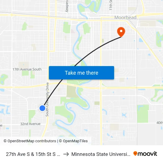 27th Ave S & 15th St S (Corner Sw) to Minnesota State University Moorhead map