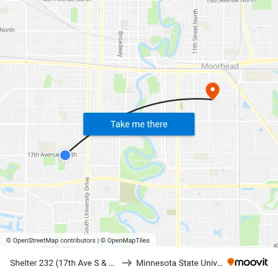 Shelter 232 (17th Ave S & 16th St S  Corner Sw) to Minnesota State University Moorhead map