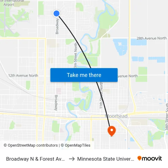Broadway N & Forest Ave N (Corner Se) to Minnesota State University Moorhead map