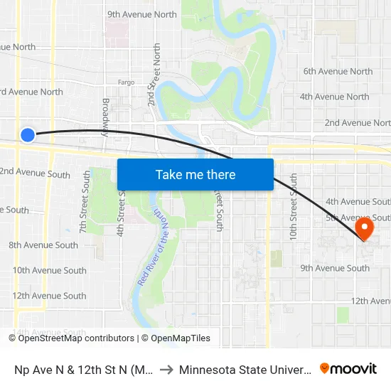 Np Ave N & 12th St N (Midblock South) to Minnesota State University Moorhead map