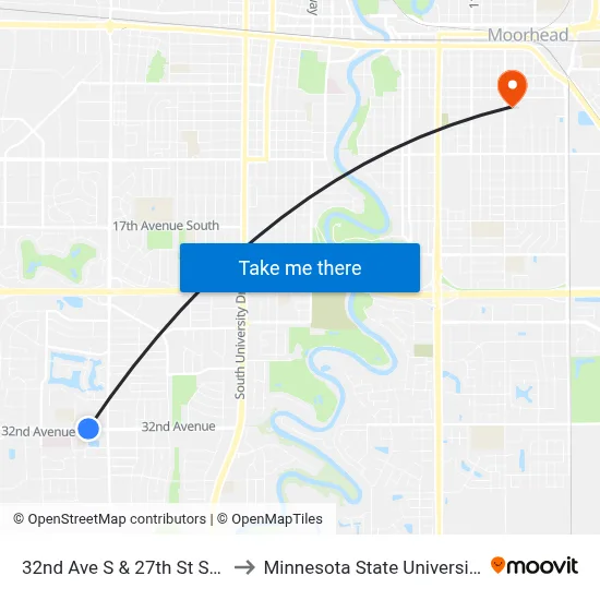 32nd Ave S & 27th St S (Corner Ne) to Minnesota State University Moorhead map