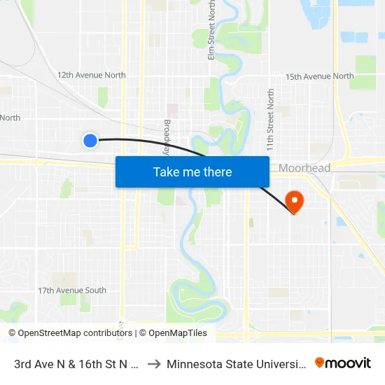 3rd Ave N & 16th St N (Corner Ne) to Minnesota State University Moorhead map