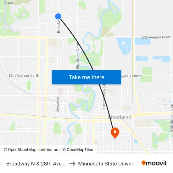 Broadway N & 28th Ave N (Corner Se) to Minnesota State University Moorhead map