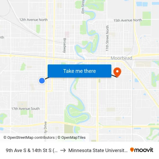9th Ave S & 14th St S (Corner Ne) to Minnesota State University Moorhead map
