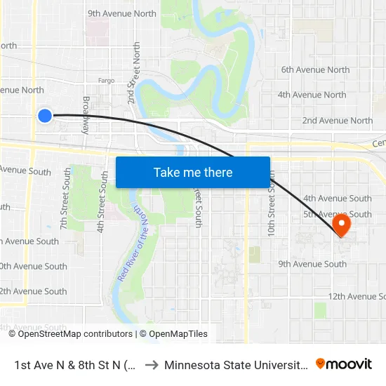 1st Ave N & 8th St N (Corner Ne) to Minnesota State University Moorhead map