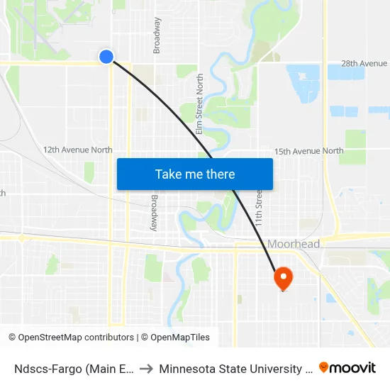 Ndscs-Fargo (Main Entrance) to Minnesota State University Moorhead map