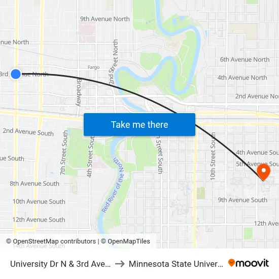 University Dr N & 3rd Ave N (Corner Nw) to Minnesota State University Moorhead map