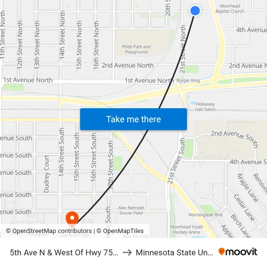 5th Ave N & West Of Hwy 75 (Midblock by Driveway) to Minnesota State University Moorhead map