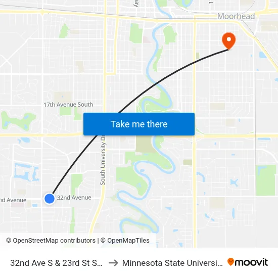 32nd Ave S & 23rd St S (Corner Ne) to Minnesota State University Moorhead map