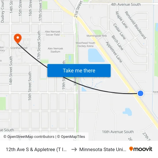 12th Ave S & Appletree (T Intersection South Side) to Minnesota State University Moorhead map