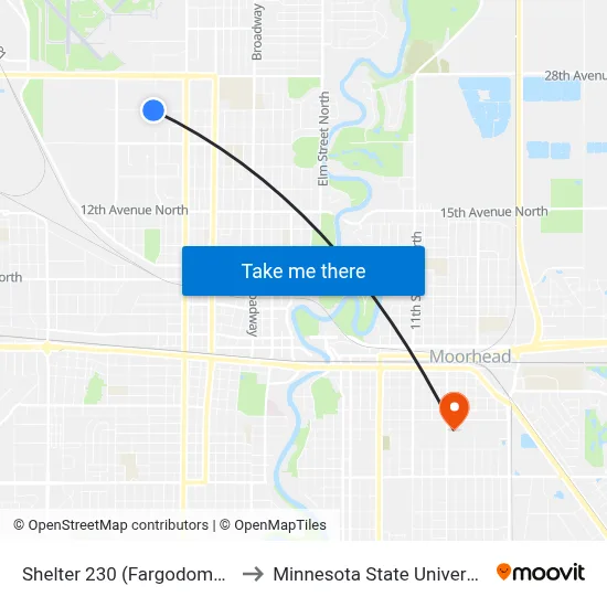 Shelter 230 (Fargodome Transit Hub) to Minnesota State University Moorhead map