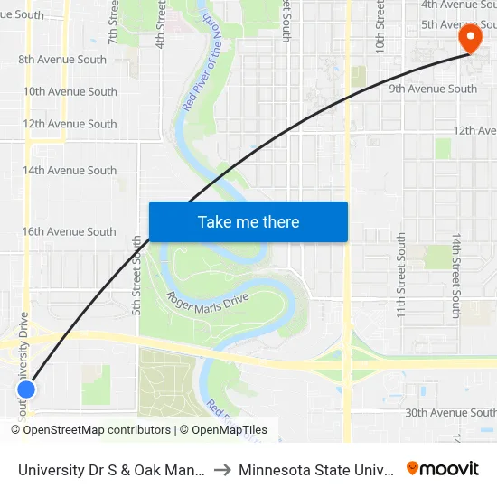 University Dr S & Oak Manor Ave (Corner Se) to Minnesota State University Moorhead map