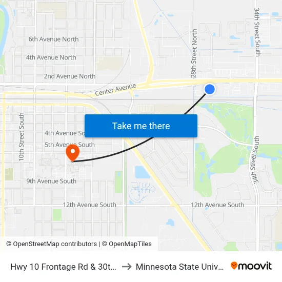 Hwy 10 Frontage Rd & 30th St N (Corner Sw) to Minnesota State University Moorhead map