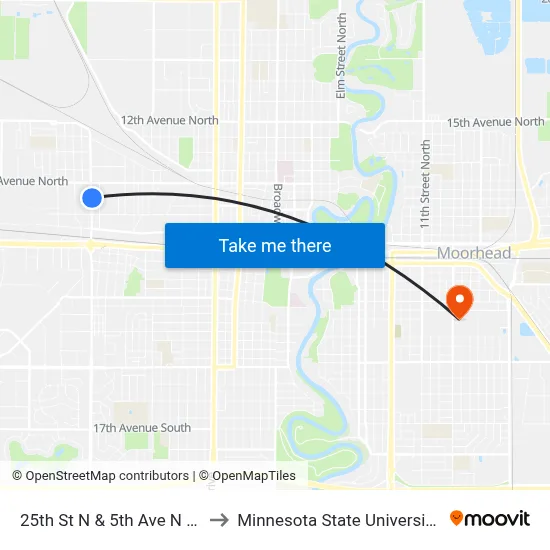 25th St N & 5th Ave N (Corner Se) to Minnesota State University Moorhead map