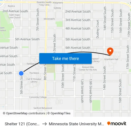 Shelter 121 (Concordia) to Minnesota State University Moorhead map