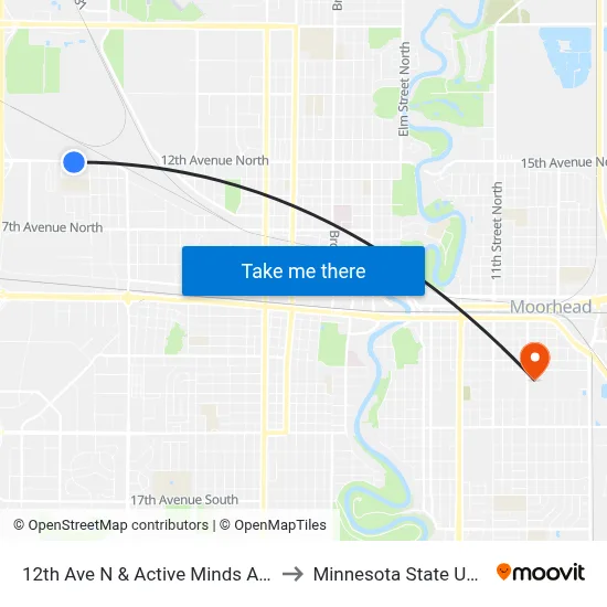 12th Ave N & Active Minds Academy (Midblock South) to Minnesota State University Moorhead map