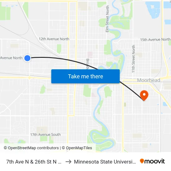 7th Ave N & 26th St N (Corner Ne) to Minnesota State University Moorhead map