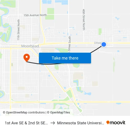 1st Ave SE & 2nd St SE (Corner Ne) to Minnesota State University Moorhead map