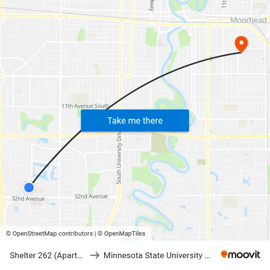Shelter 262 (Apartments) to Minnesota State University Moorhead map