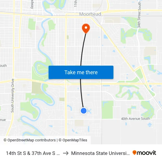 14th St S & 37th Ave S (Corner Nw) to Minnesota State University Moorhead map