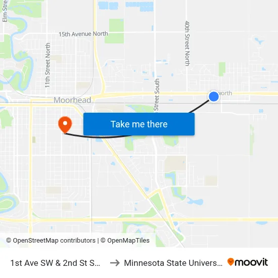 1st Ave SW & 2nd St SW (Corner Ne) to Minnesota State University Moorhead map