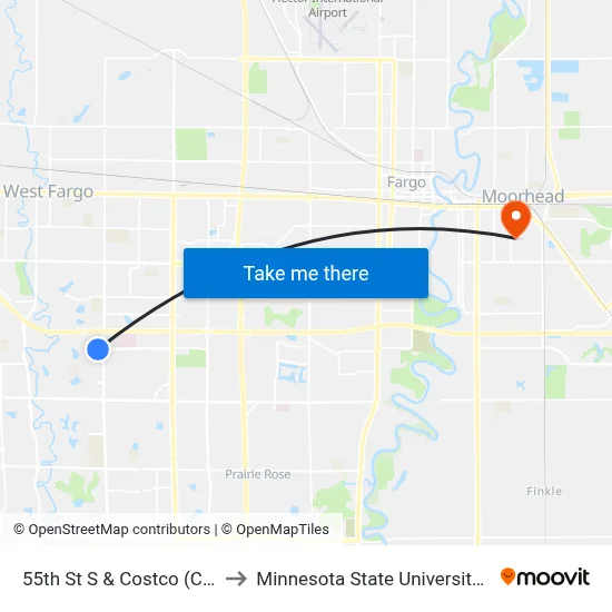 55th St S & Costco (Corner Sw) to Minnesota State University Moorhead map