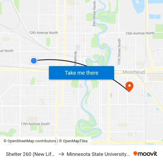 Shelter 260 (New Life Center) to Minnesota State University Moorhead map