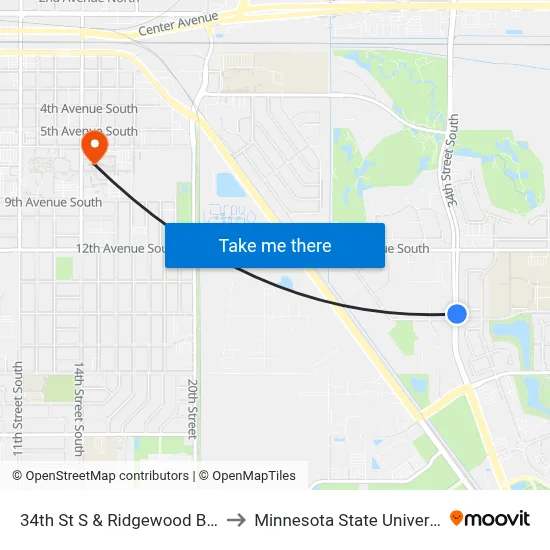 34th St S & Ridgewood Blvd (Corner Ne) to Minnesota State University Moorhead map