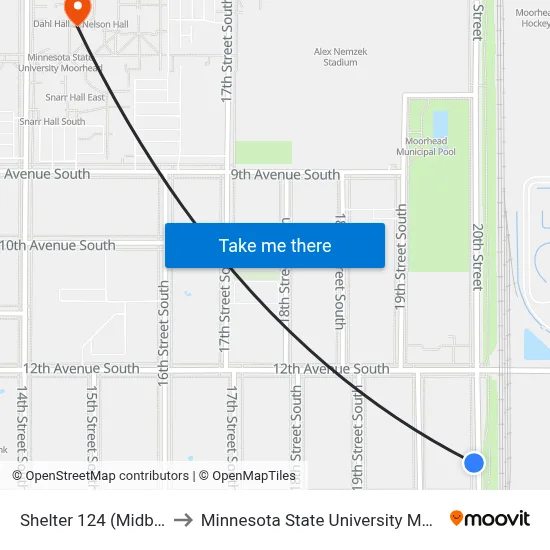 Shelter 124 (Midblock) to Minnesota State University Moorhead map