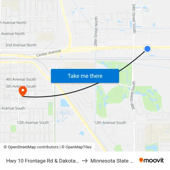 Hwy 10 Frontage Rd & Dakota Boys Ranch (Midblock North) to Minnesota State University Moorhead map