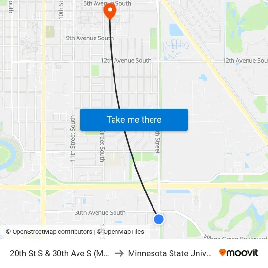 20th St S & 30th Ave S (Midblock East Side) to Minnesota State University Moorhead map