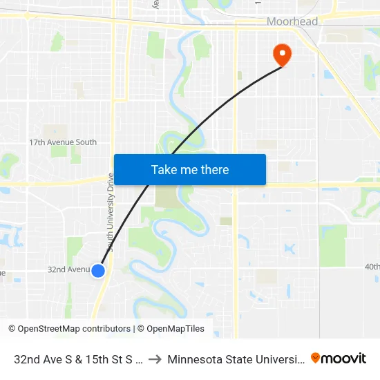 32nd Ave S & 15th St S (Corner Sw) to Minnesota State University Moorhead map