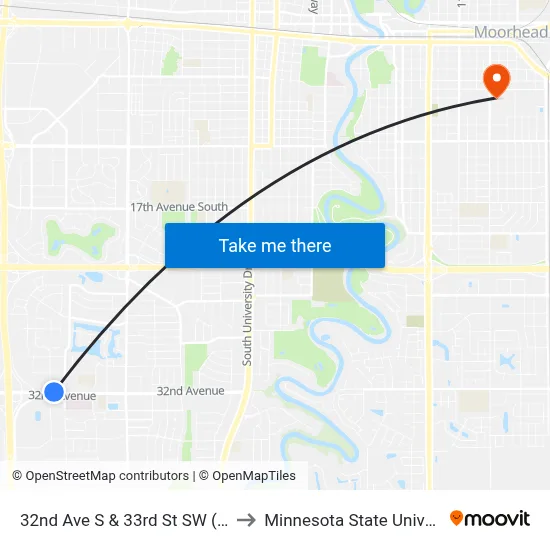 32nd Ave S & 33rd St SW (Midblock North) 2 to Minnesota State University Moorhead map