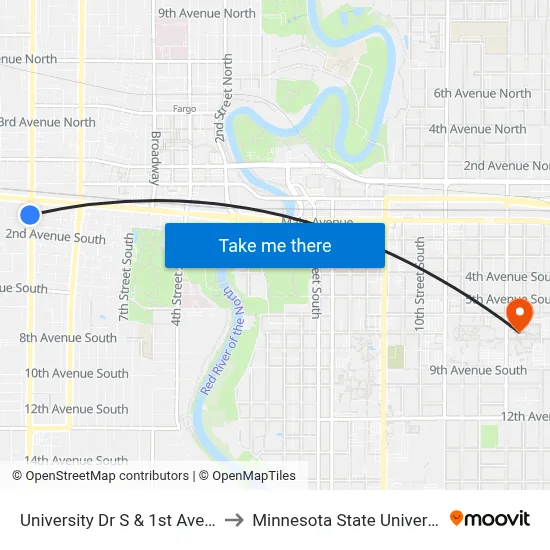 University Dr S & 1st Ave S (Corner Nw) to Minnesota State University Moorhead map