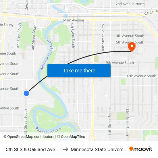 5th St S & Oakland Ave S (Corner Se) to Minnesota State University Moorhead map
